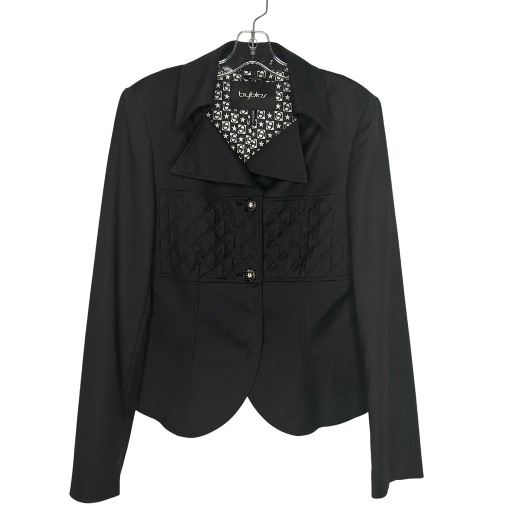 VTG Byblos Italy Black Cropped Blazer Jacket Quilted Panel Star Lining Size 10